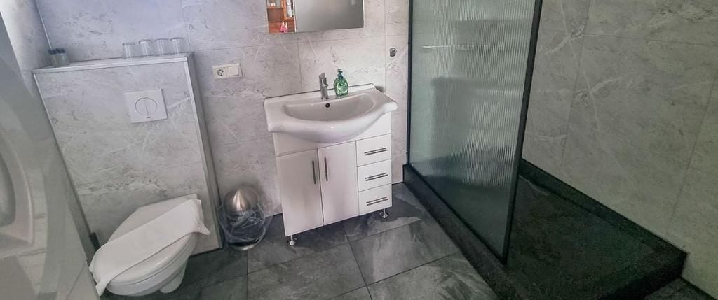 A bathroom with a toilet, sink, and shower.