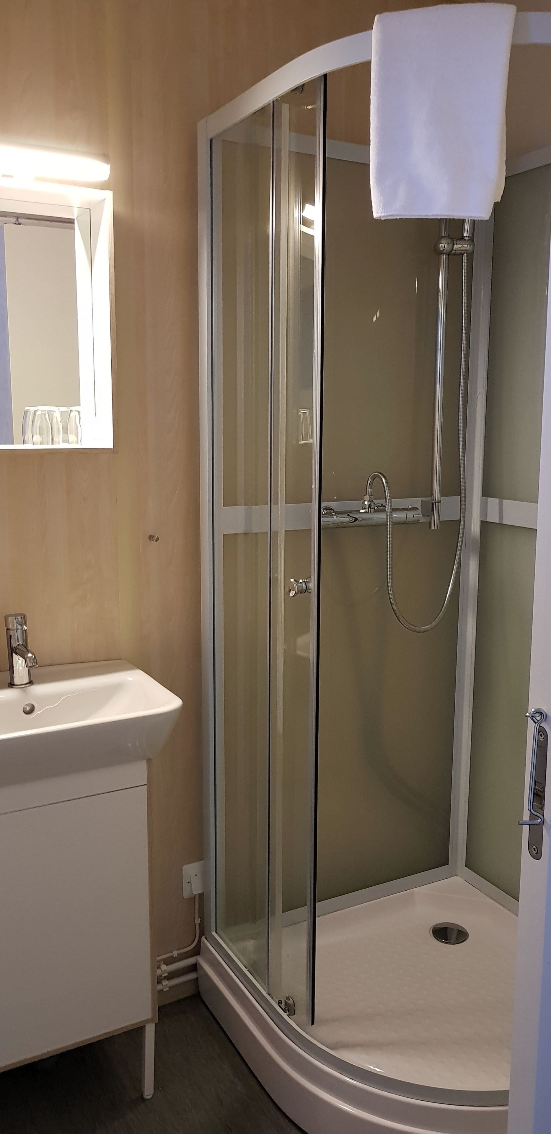 A modern bathroom with a glass-enclosed shower, a white sink, and a mirror above the sink.