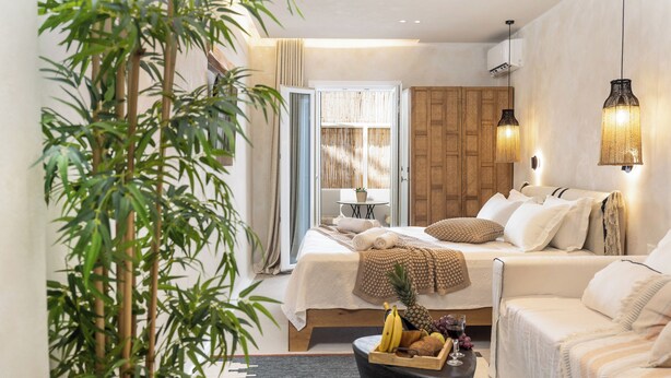 A modern bedroom with a bed, two bedside tables, a small table with a plant, and a potted plant. - Terra Fos Naxos Studios (Naxos)