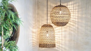 A modern bedroom with a wooden bed, woven pendant lights, and a large potted plant. - Terra Fos Naxos Studios (Naxos)