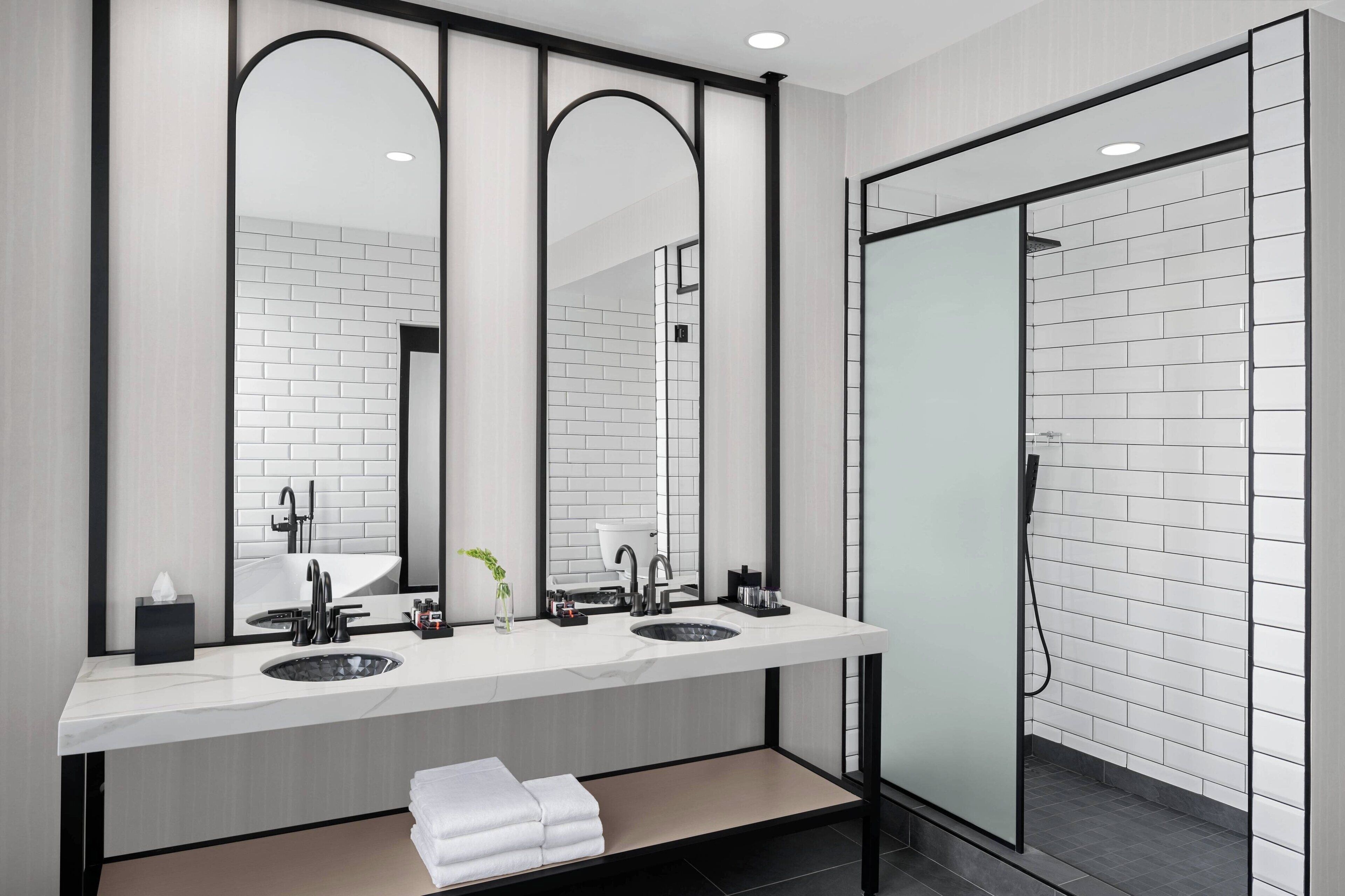 shower, rainfall showerhead, designer toiletries, hair dryer