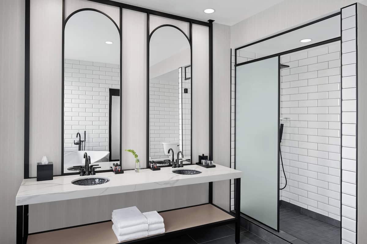 shower, rainfall showerhead, designer toiletries, hair dryer