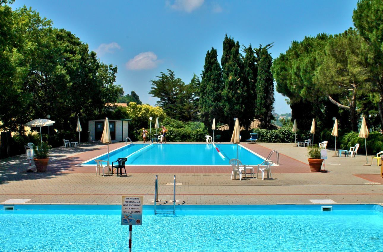 A rectangular swimming pool with a tiled deck, surrounded by trees and outdoor seating.