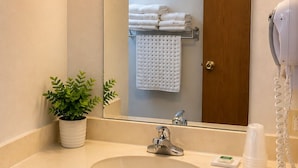 A bathroom with a sink, mirror, towel rack, plant, and a hairdryer. - Morton Inn (Morton)