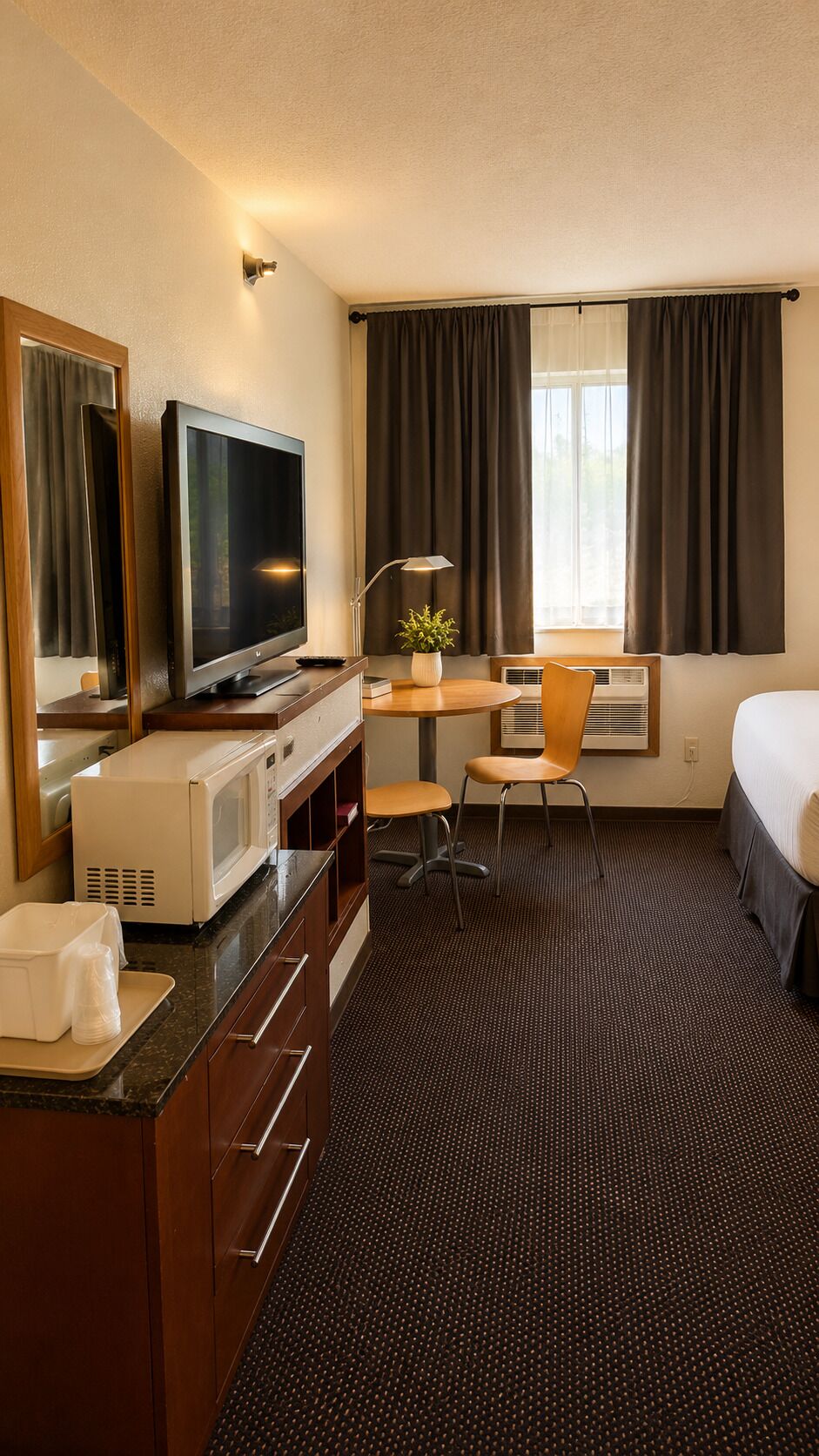 Una habitación de hotel con una cama, un escritorio con silla, televisor, microondas y una pequeña mesa con una planta.