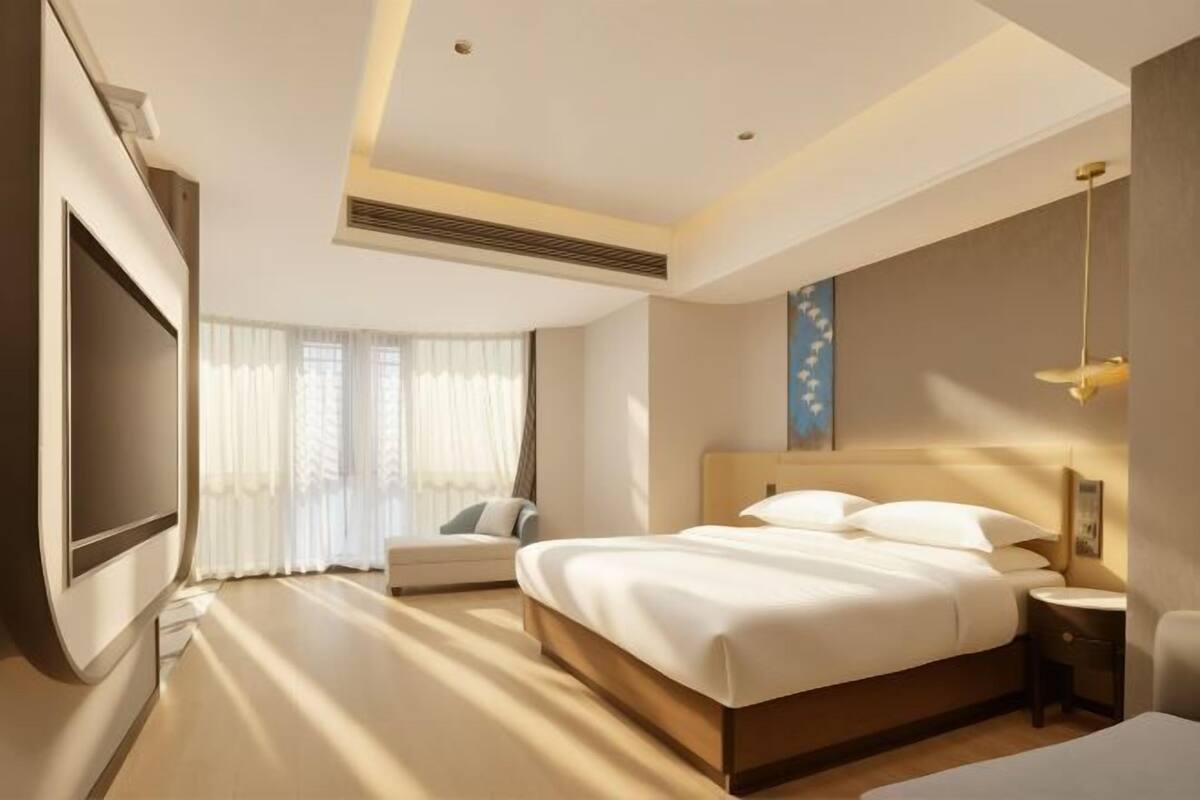 Une chambre d’hôtel avec un grand lit, un téléviseur à écran plat, un canapé et une fenêtre avec des rideaux.