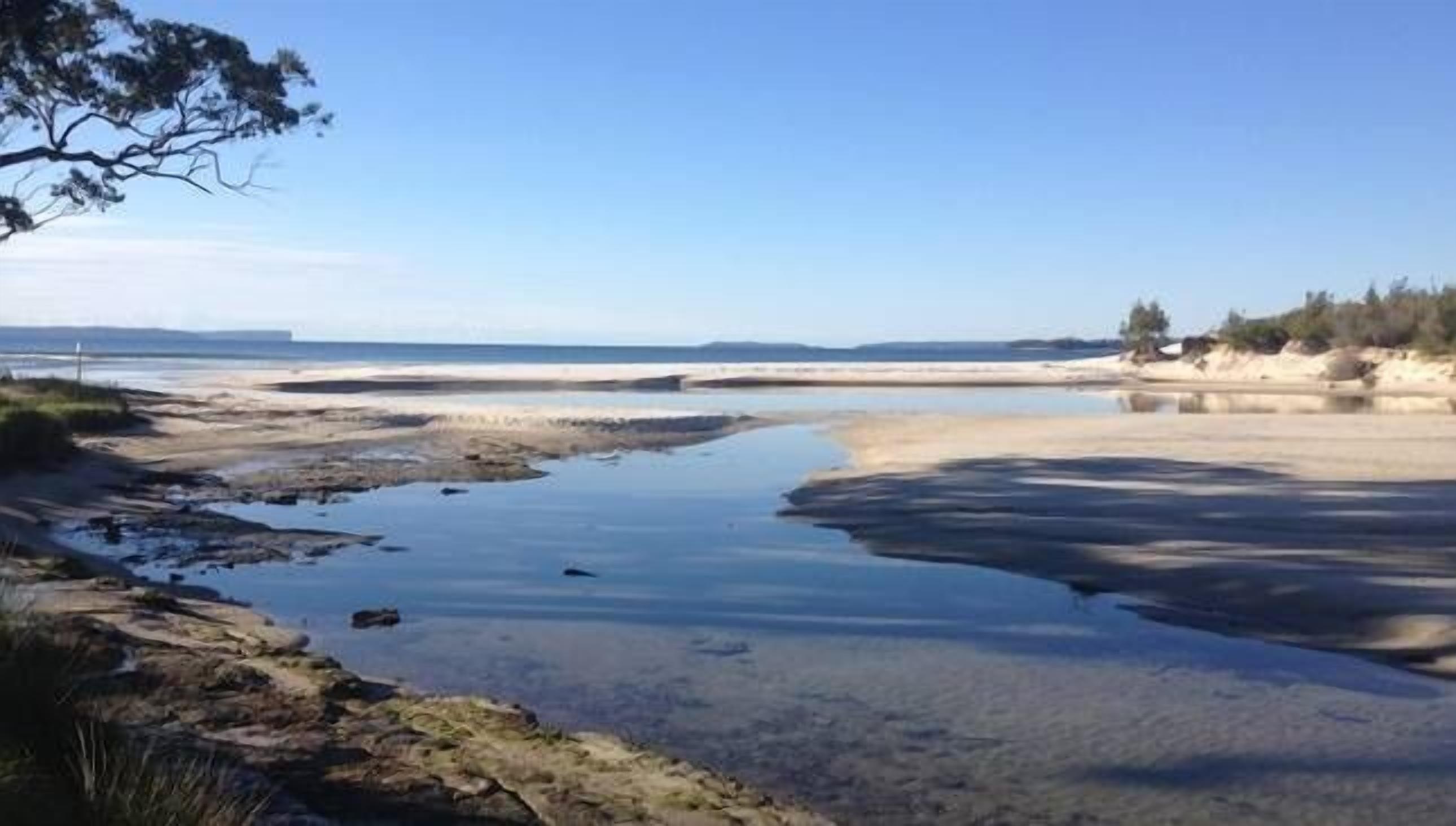 A coastal landscape with a sandy beach, a small stream, and sparse vegetation.
