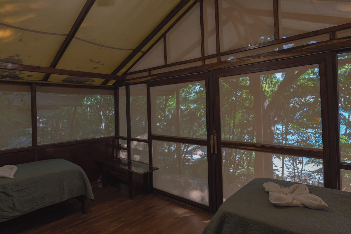 A room with two beds, wooden floors, and large windows with a forest view.