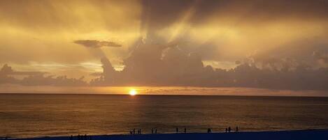 On the beach, beach umbrellas, beach towels