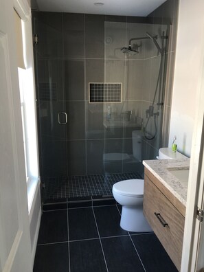 A modern bathroom with a glass-enclosed shower, a toilet, and a vanity with a sink. - Large 3 Bedroom Home + NEW 2021 2 Bedrooms aprtmt for add’l fee$ per night (Long Creek)