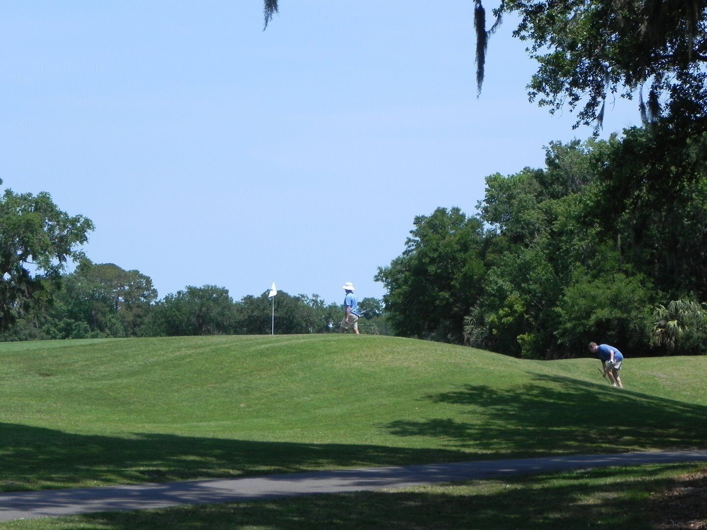 A golf course with a well-maintained green, a flagstick, and trees in the background.