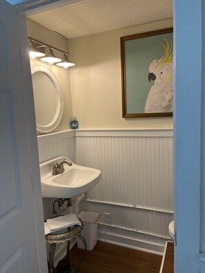 Combined shower/bathtub, hair dryer, towels, soap
