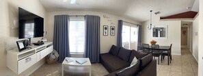 Smart TV, fireplace, DVD player, foosball