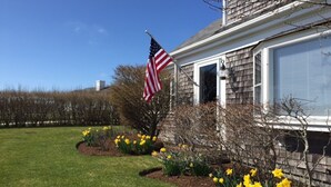 Une maison avec un drapeau, une pelouse et des jonquilles.