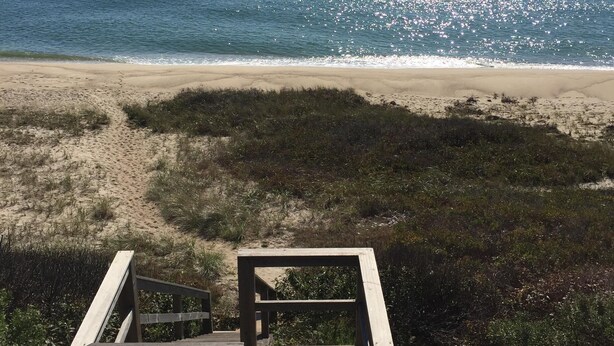 Un escalier en bois mène à une plage d’où l’on a une vue dégagée sur l’océan.