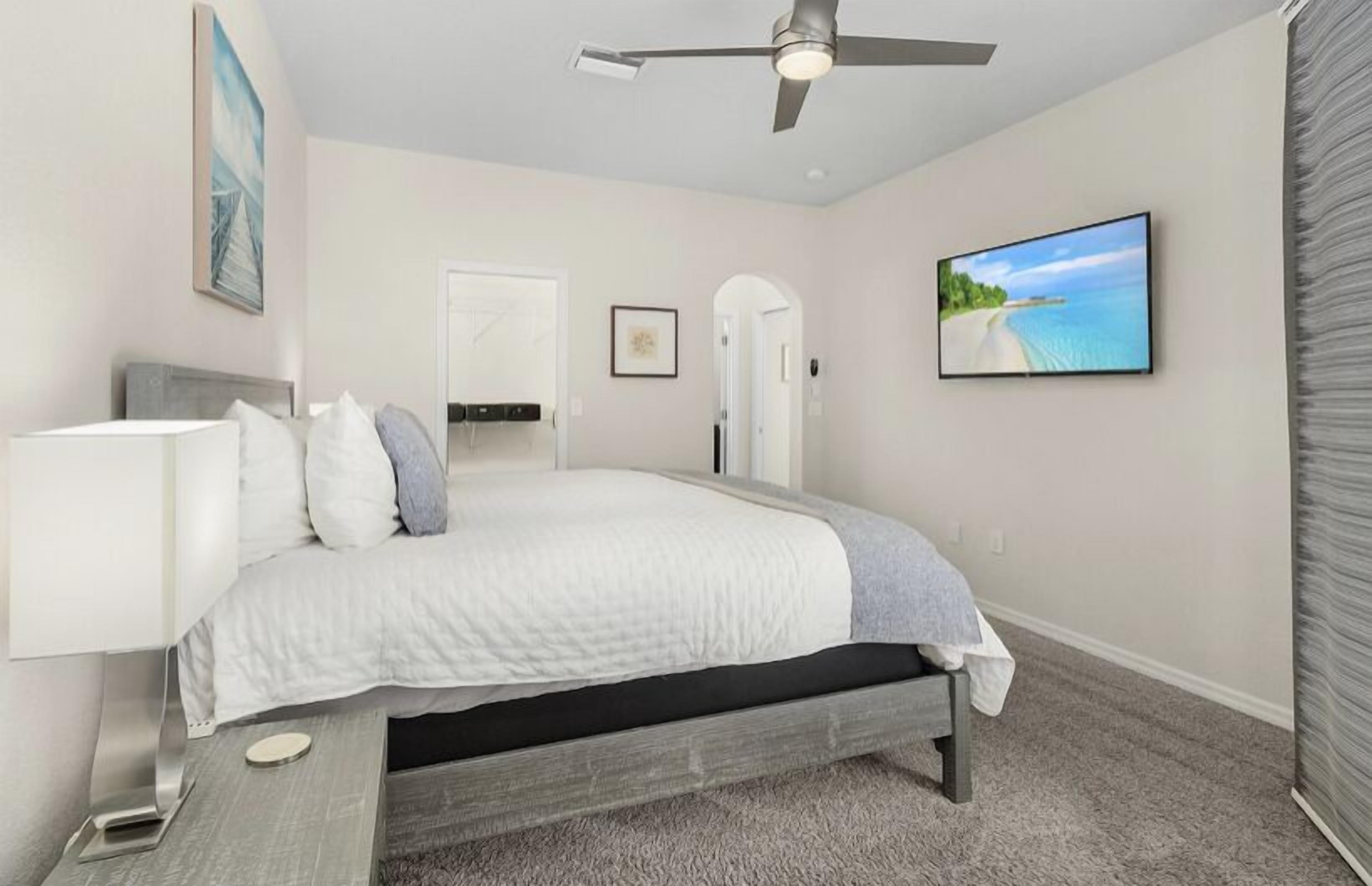 A bedroom with a bed, a ceiling fan, a TV, and a door.