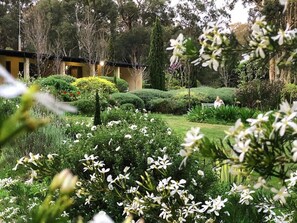 A well-maintained garden with manicured hedges and flowering plants, a pathway, and a building in the background. - Naturescape | Private | Family Friendly (Margaret River)