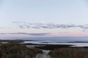 Ein Küstenpfad, der zum Meer führt, mit blauem Himmel und einem sichtbaren Mond.