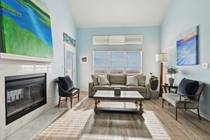 Smart TV, fireplace, video games, DVD player