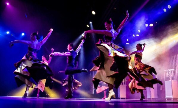 Een groep dansers treedt op in het licht van een podium.