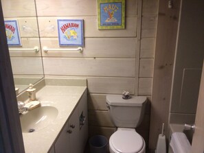 A bathroom with a sink, toilet, and handrails. - Oceanfront Townhome With Breathtaking Views From 3 Deck Levels (Bethany Beach)