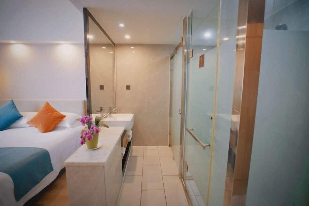 A hotel room with a bed, bedside table, mirror, shower, and a small potted plant.