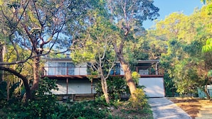 Una casa moderna con un jardín grande y un camino de entrada pavimentado.