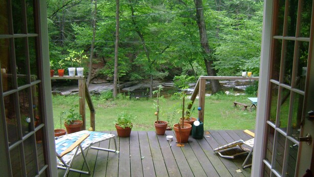 Eine offene Terrasse mit Blumentöpfen, einem Tisch und einem Stuhl.