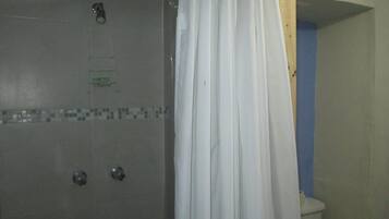 Shower, towels, soap, toilet paper