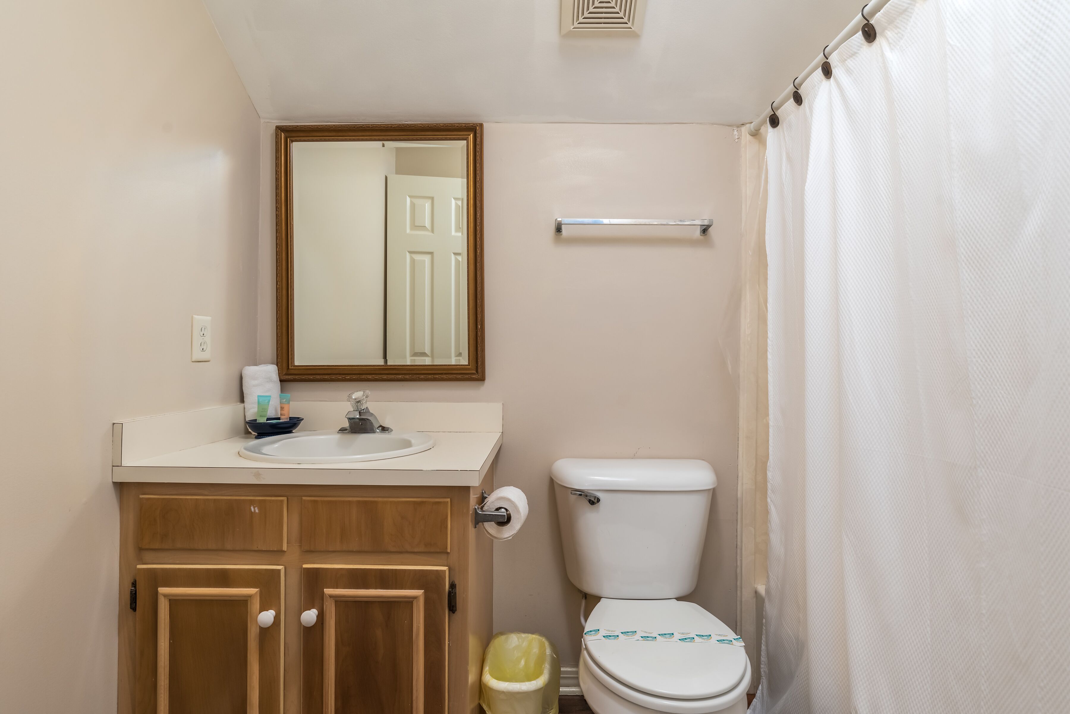 A bathroom with a sink, mirror, toilet, and shower curtain.