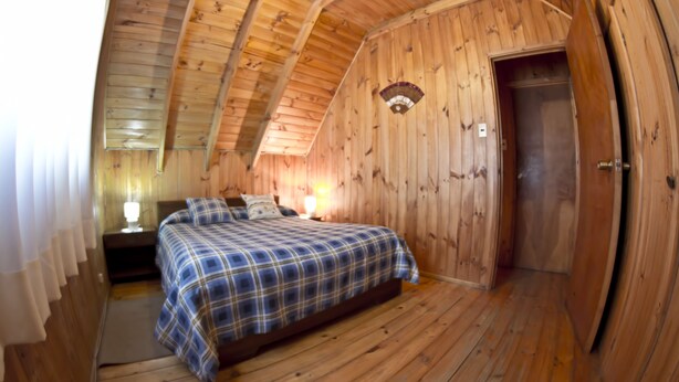 A wooden room with a bed, a nightstand, and a door.