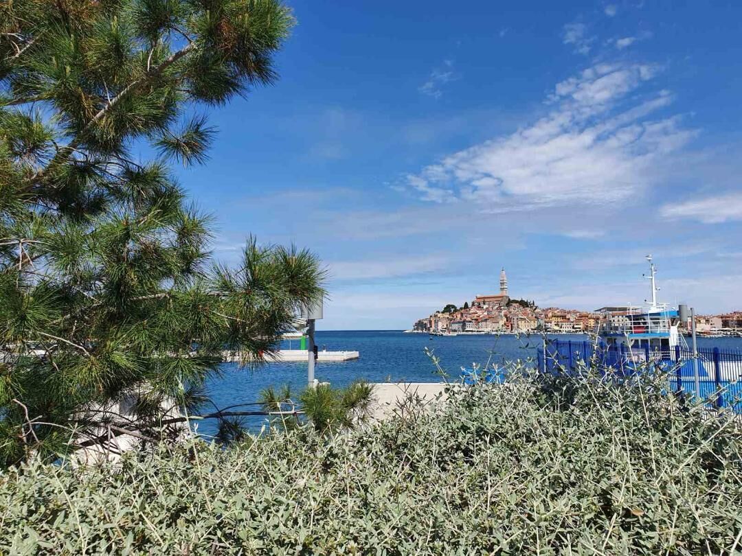 A coastal view with a prominent lighthouse, a pier, and a town across the water.