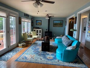 Smart TV, fireplace, DVD player, books