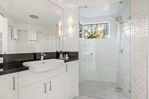 Combined shower/bathtub, hair dryer