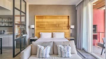 Estúdio superluxo, banheira de imersão, vista para o oceano (Almarena) | Roupas de cama premium, edredons de pluma, camas com colchões pillow-top