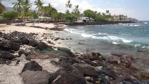 Une plage au rivage rocheux, bordée de palmiers, avec un bâtiment visible au loin.