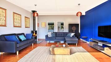 Tv, eldstad, Netflix och dvd-spelare