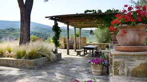 Une terrasse extérieure avec un sol en pierre, une pergola, une table et des chaises, ainsi que des plantes en pot.