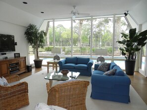 Smart TV, fireplace, DVD player, books