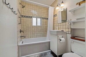 Shower, hair dryer, shampoo