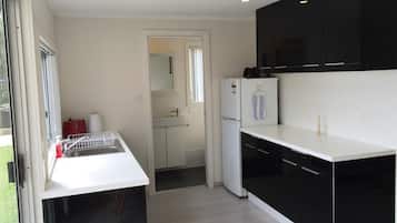 Fridge, microwave, electric kettle, toaster