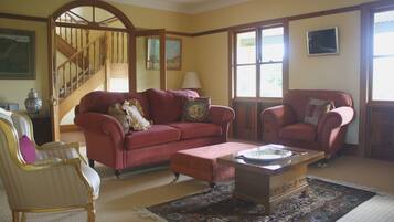 Smart TV, fireplace, books, stereo