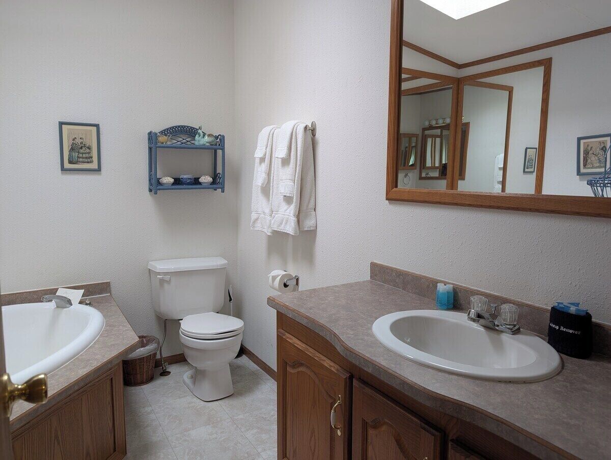 A bathroom with a toilet, two sinks, a mirror, and a towel rack.