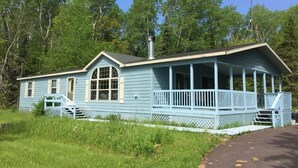 A light blue house with a porch, a chimney, and a small front yard.