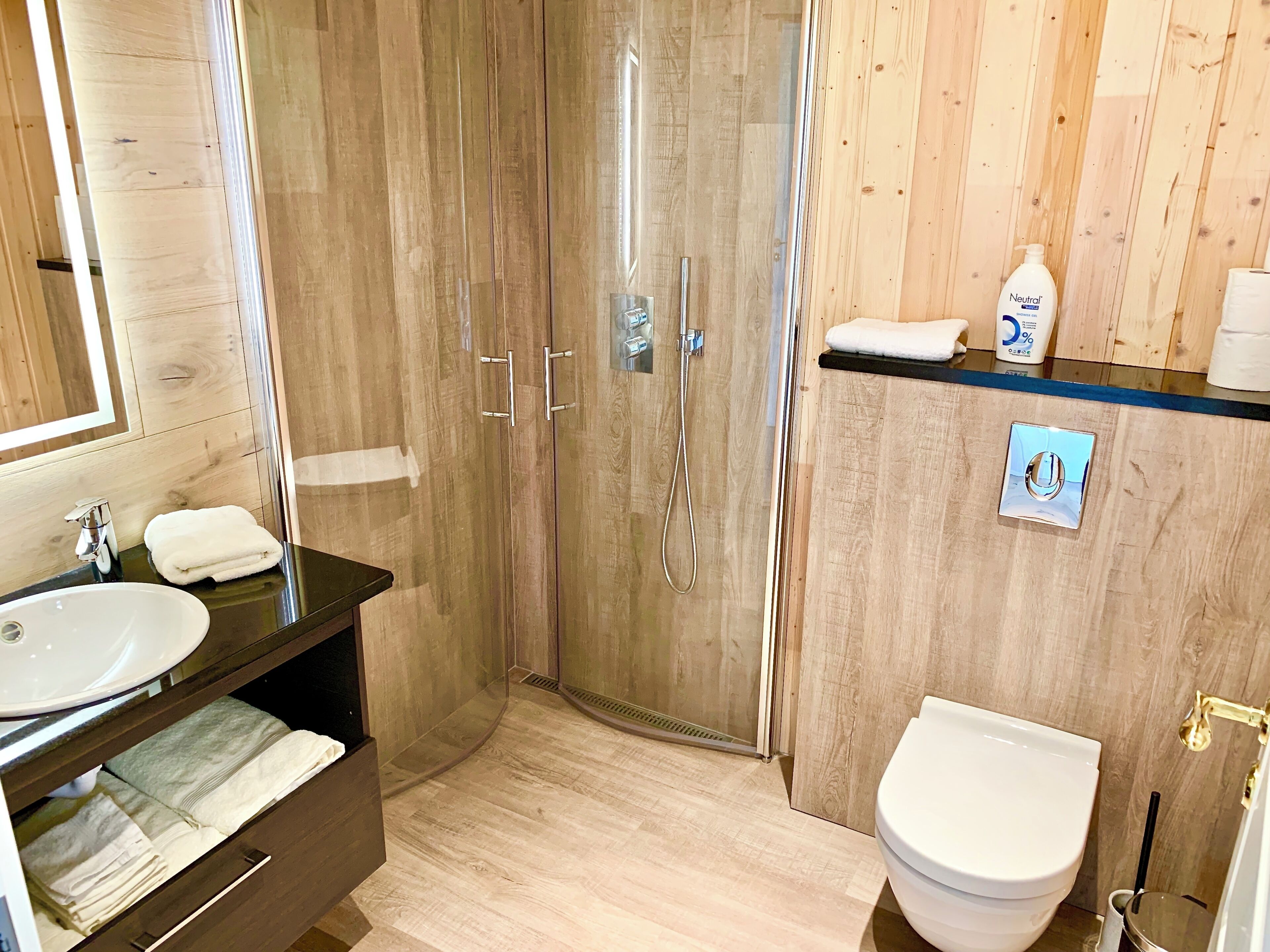 A modern bathroom with a wooden vanity, a sink, a toilet, and a shower enclosure.