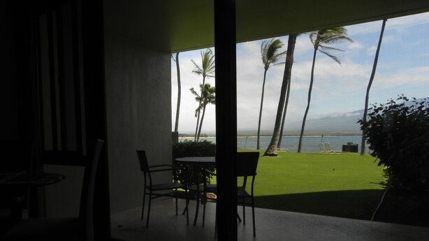A room with a sliding glass door leading to a balcony with a view of palm trees and a body of water.