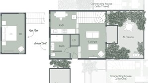 A floor plan of a villa with a first floor bedroom (KB), a ground-level bathroom, lounge, and a connecting house (Villa Three) with a BBQ area. - ALLAMBIE COTTAGES - VILLA 2: Bright (Bright)