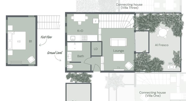 A floor plan of a villa with a first floor bedroom (KB), a ground-level bathroom, lounge, and a connecting house (Villa Three) with a BBQ area.