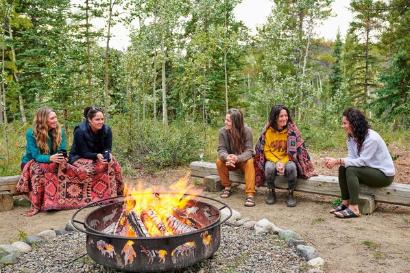 A group of people sitting around a campfire in a forested area.