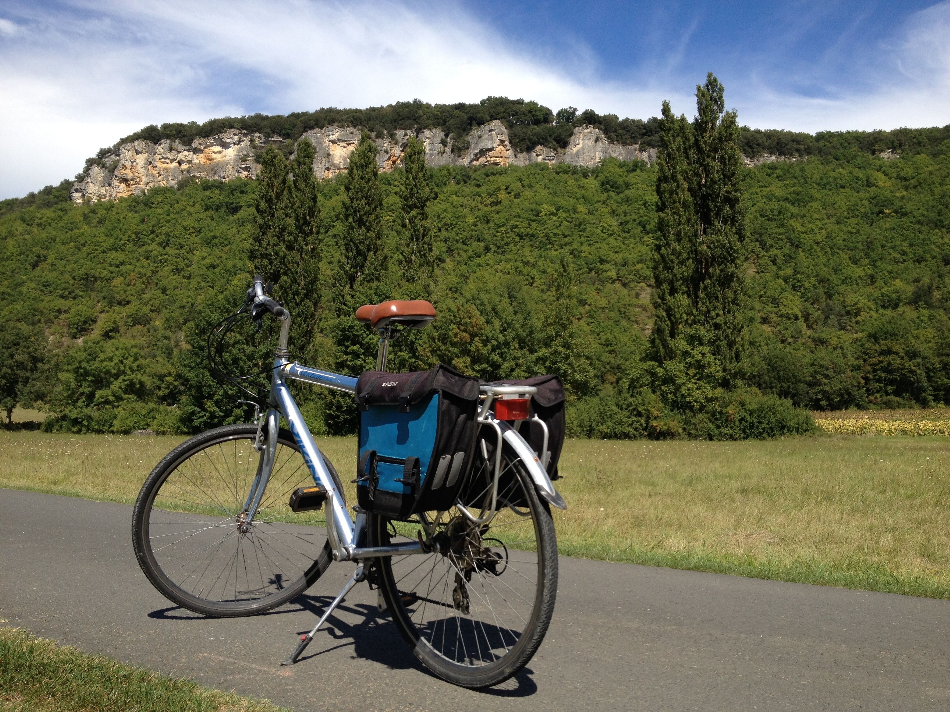 A bicycle with a rear rack and a blue bag attached, parked on a paved path with a grassy area and a forested hill in the background.